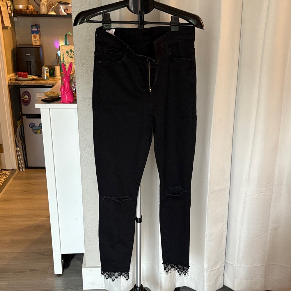 MOTHER Black Ankle Jeans with Lace Hem